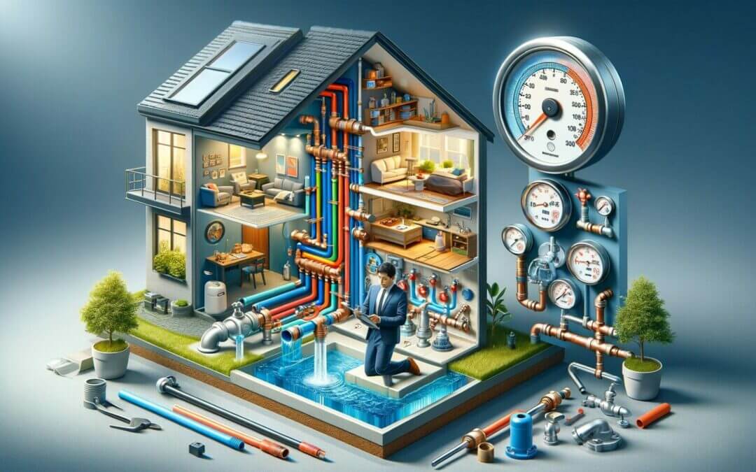 3d illustration of a house with pipes and a clock.