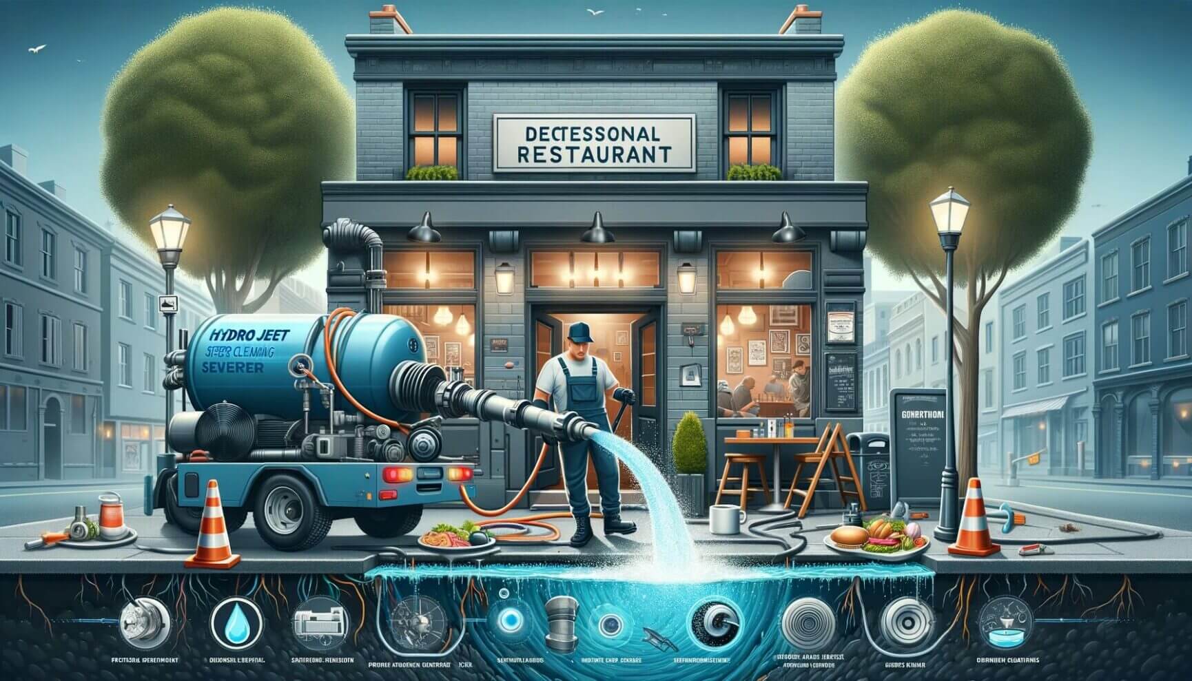 An illustration of a man cleaning a restaurant with a water hose.