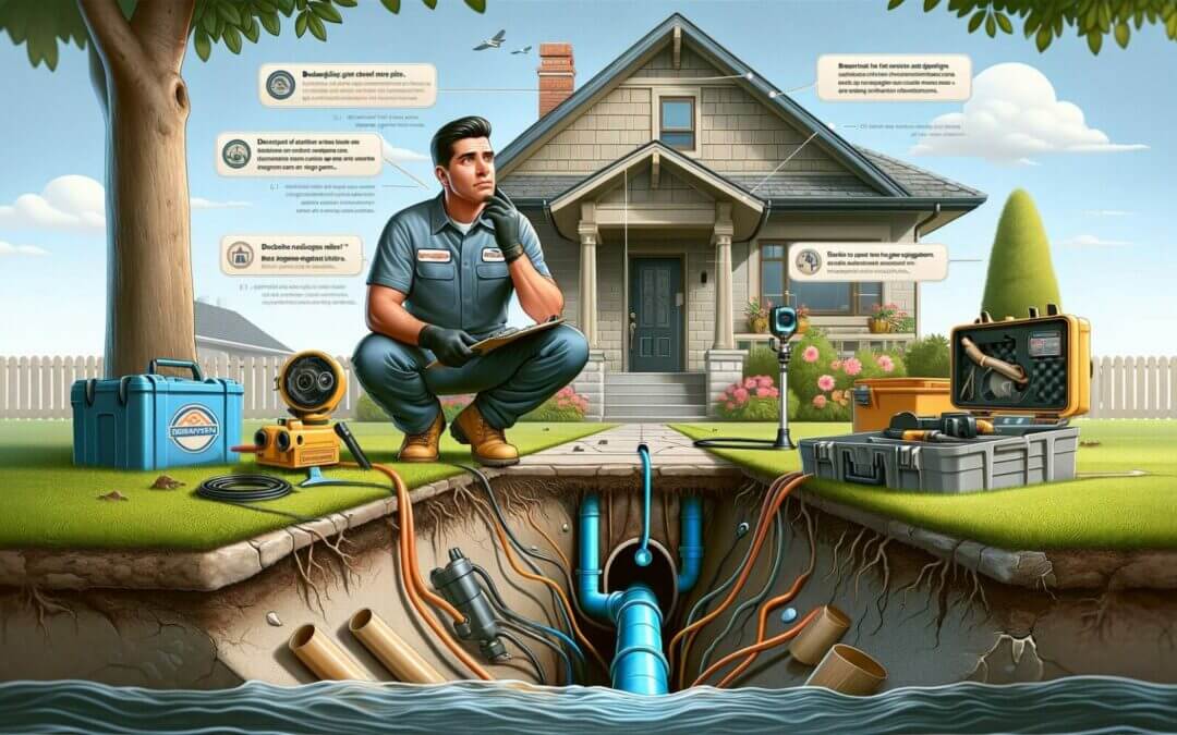 An illustration of a plumber sitting in front of a house.