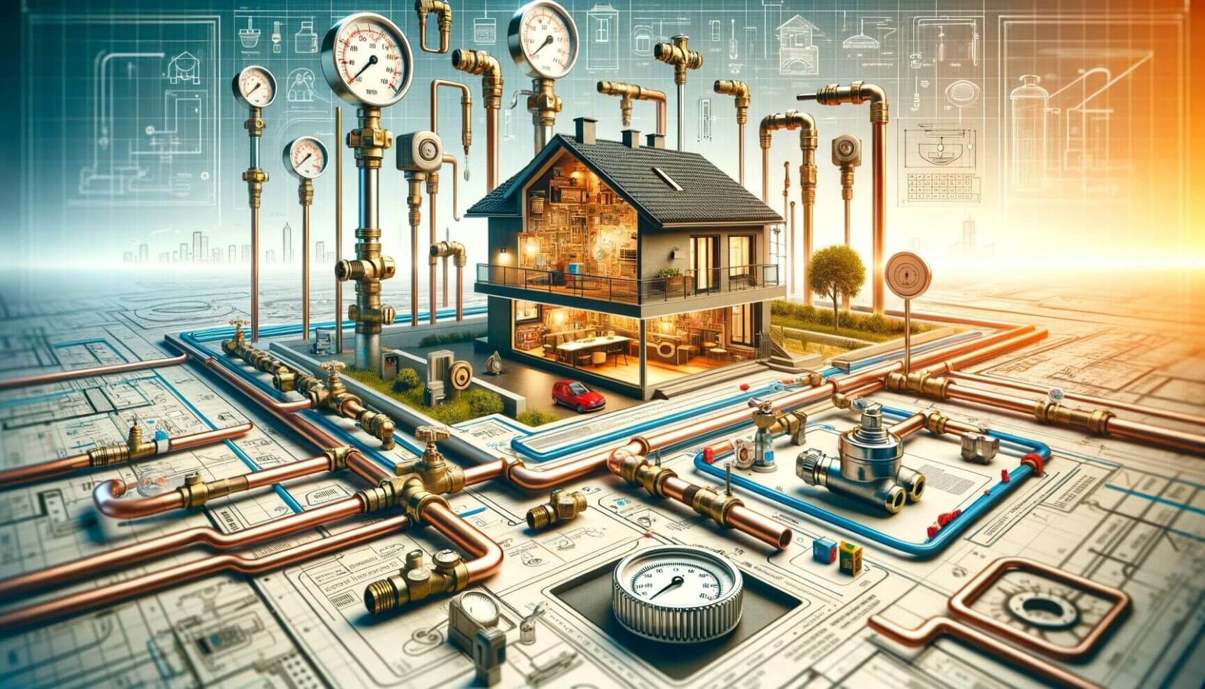 A house is surrounded by pipes and clocks.