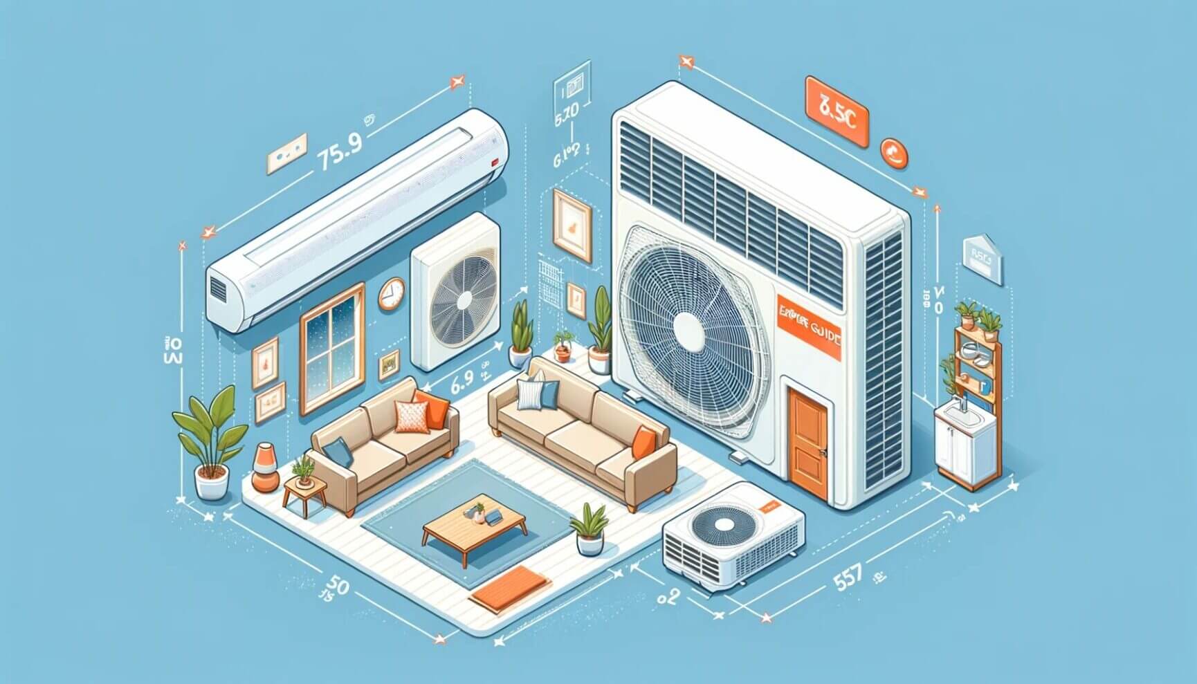 Isometric illustration of an air conditioner in a living room.