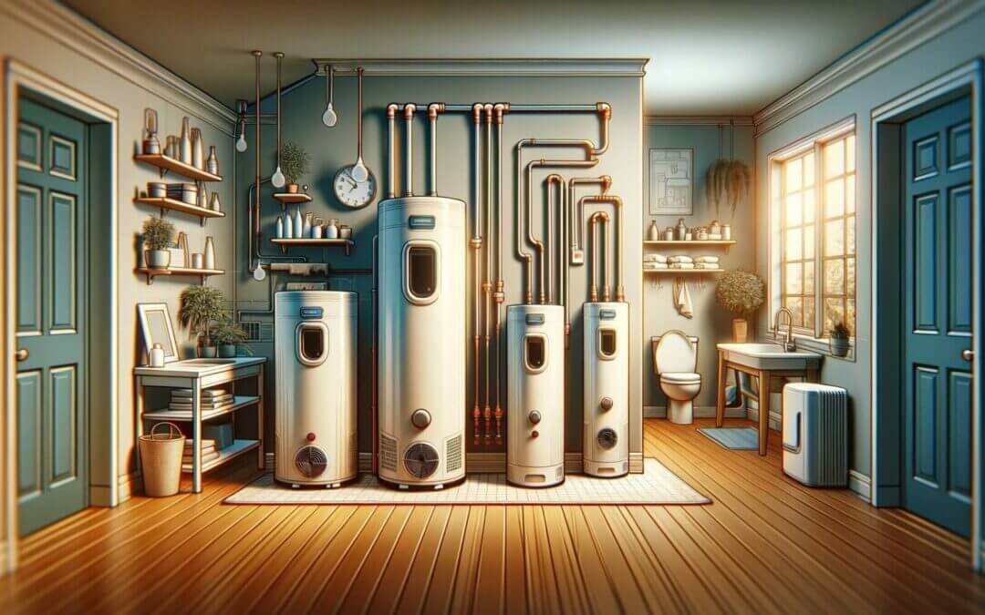 A room with several water heaters in it.