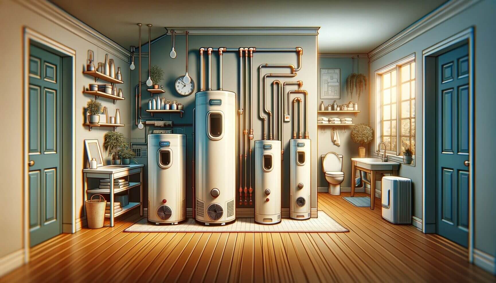 A room with several water heaters in it.