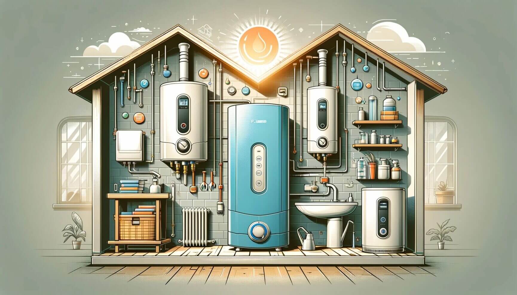 An illustration of a house with a water heater and other appliances.