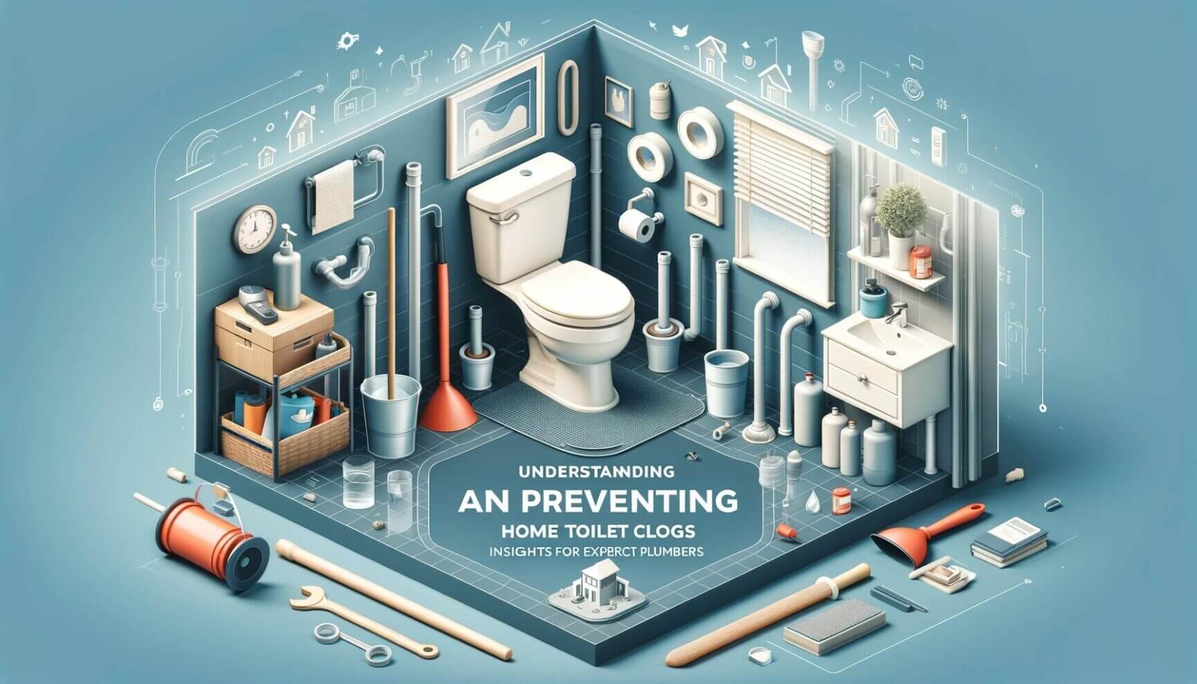 An isometric illustration of a toilet and other plumbing tools.