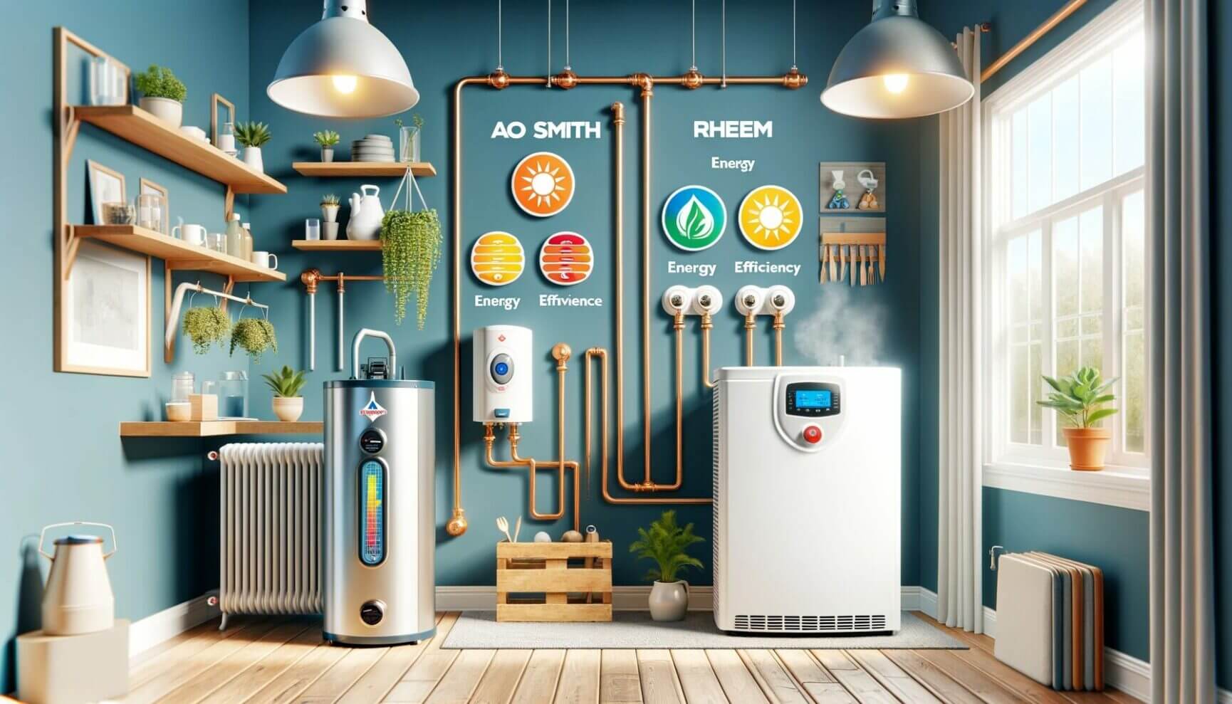 A room with several different types of water heaters.