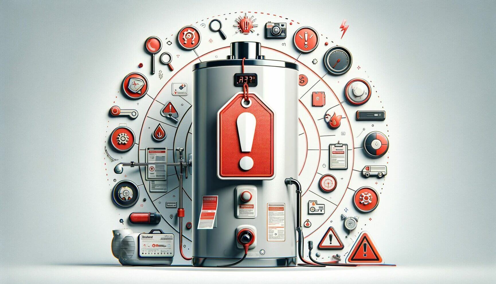 An image of a water heater surrounded by various icons.