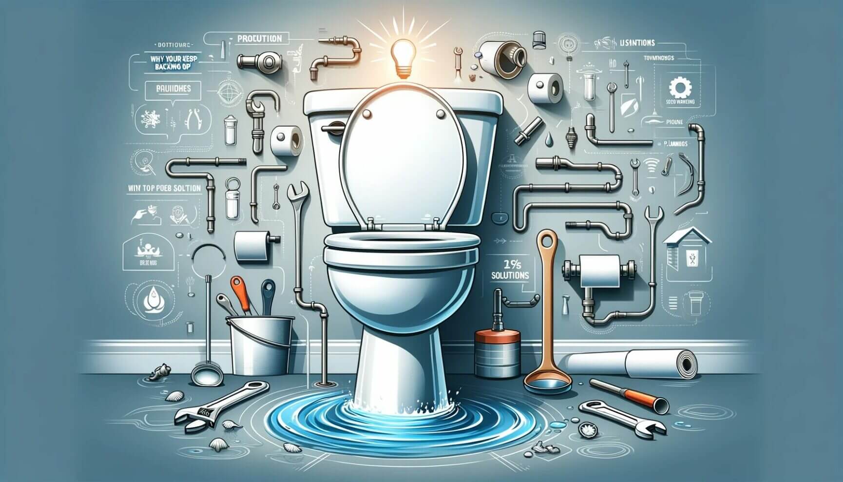 An illustration of a toilet with tools surrounding it.