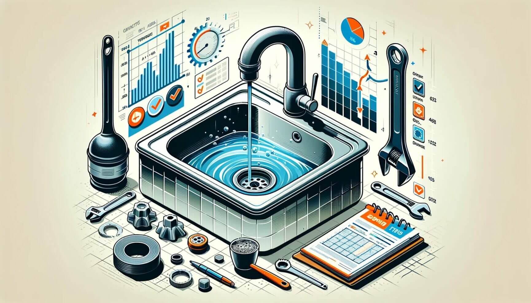 Isometric illustration of a sink and tools.