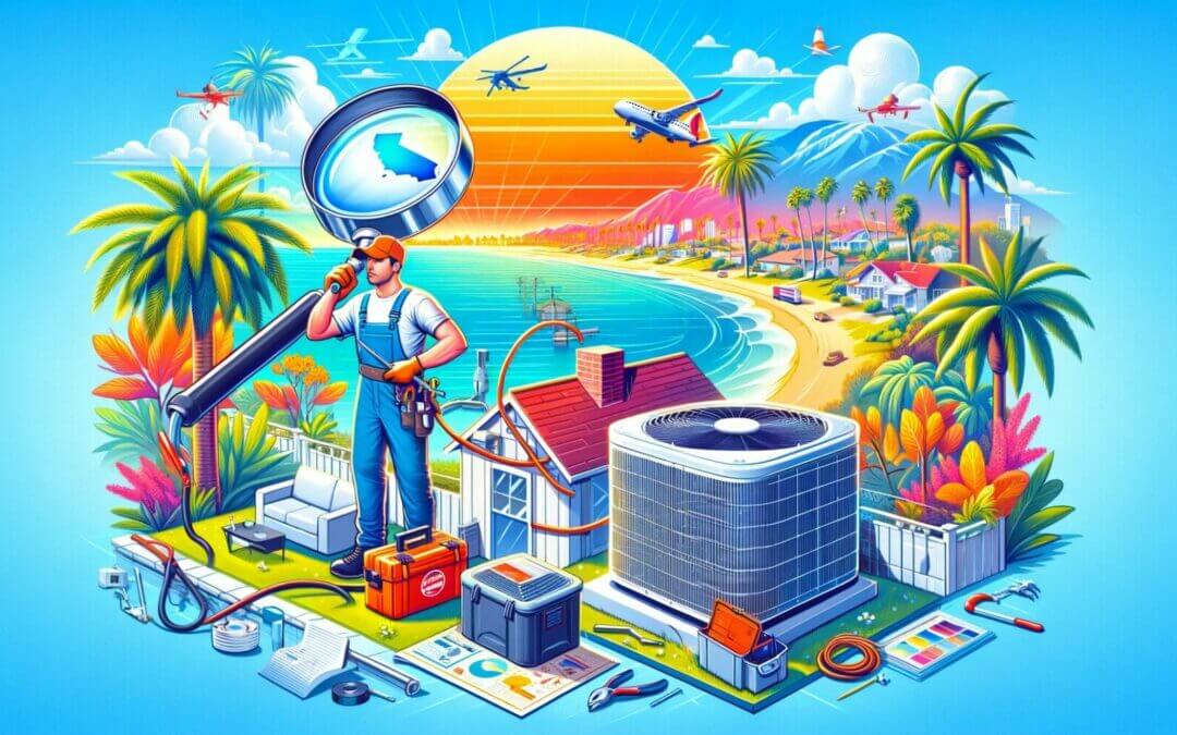 A cartoon illustration of a man with an air conditioner and a beach.