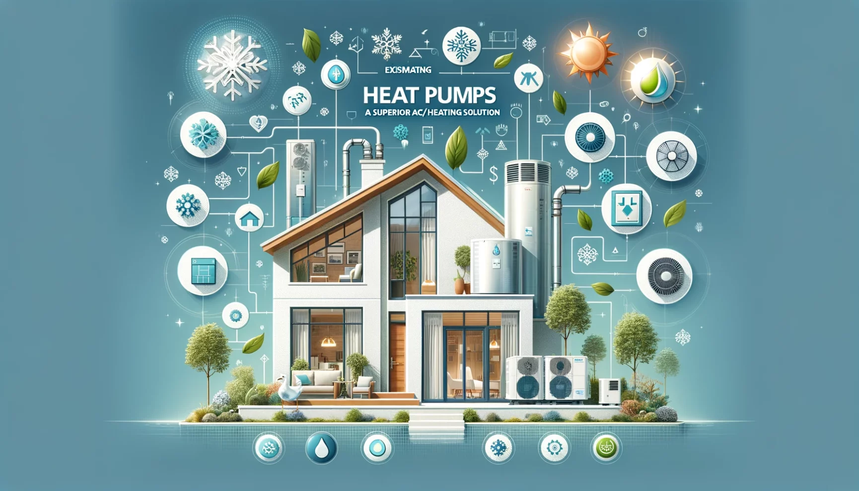 An illustration of a house with heat pumps for heating.