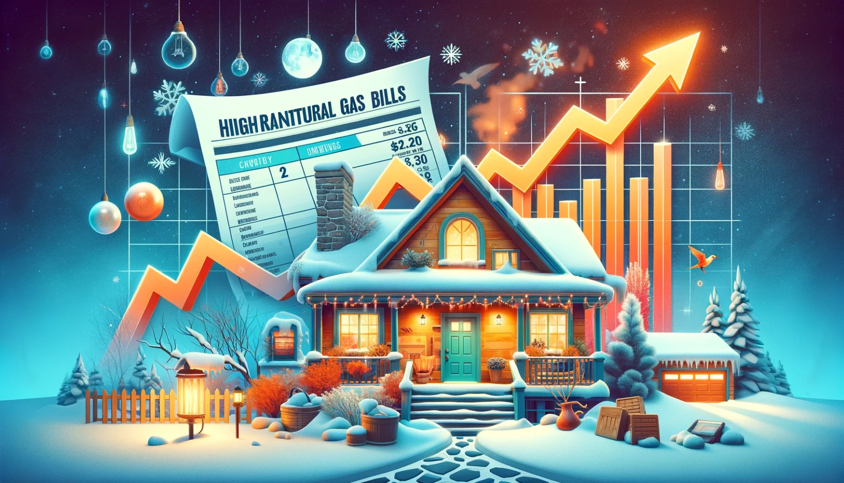 An illustration of a house with snow and a graph depicting natural gas bills in the USA for home heating.
