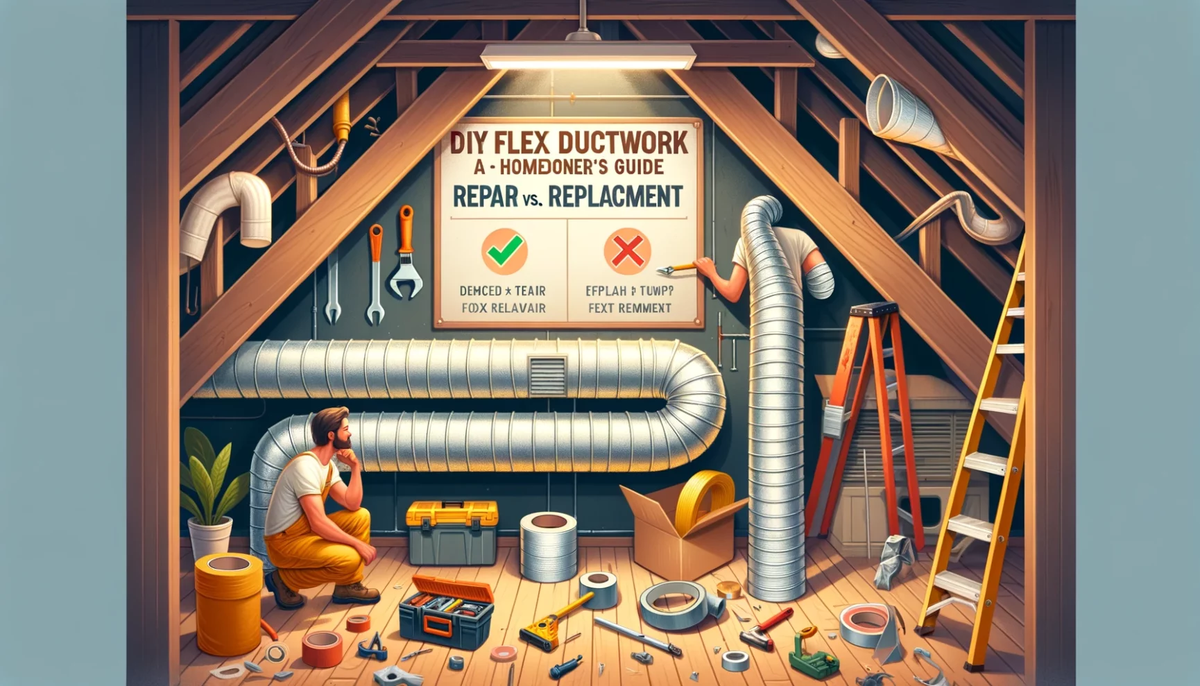 A cartoon illustration of a man working in an attic, performing a DIY flex ductwork repair.