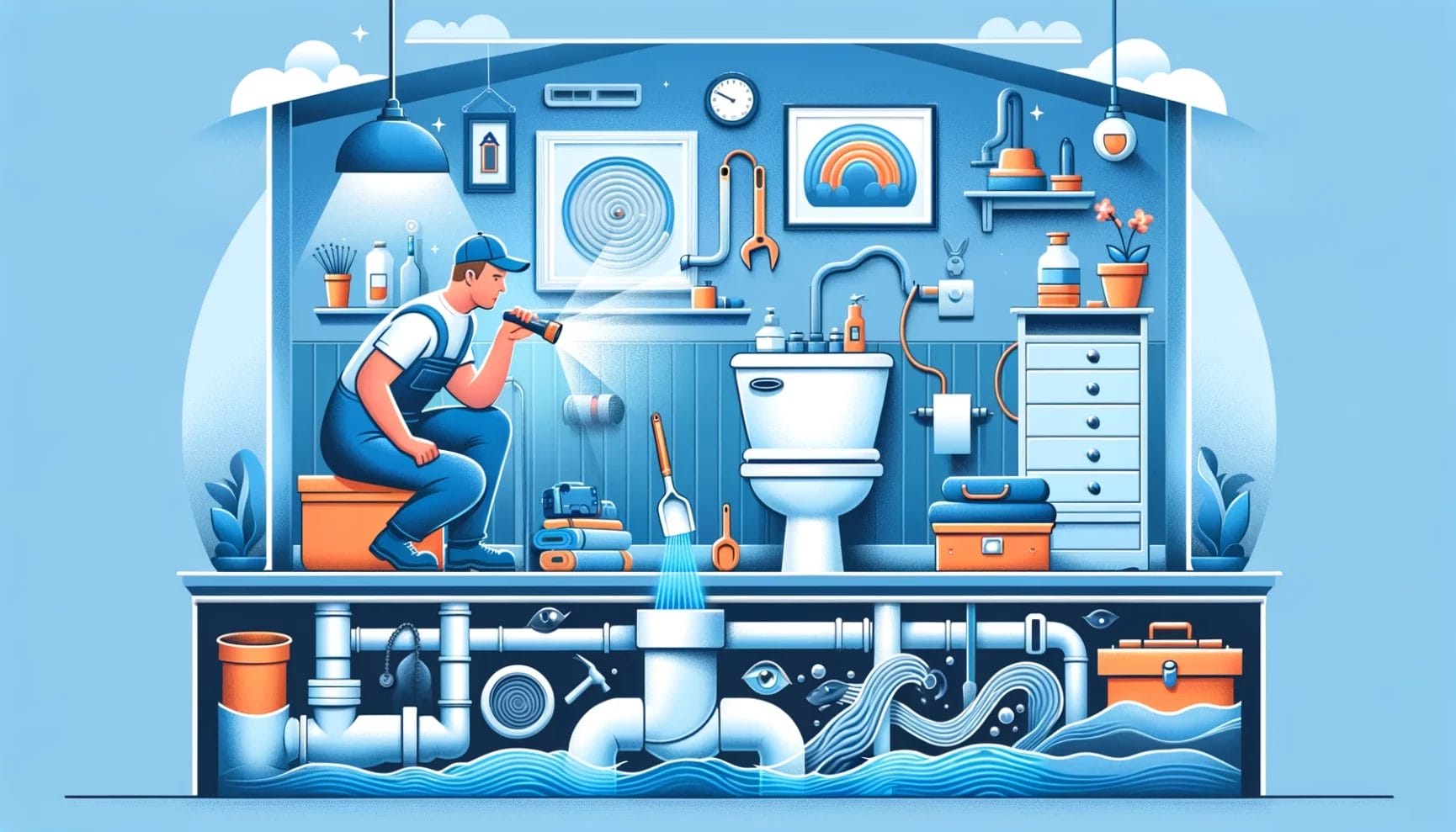 An illustration of a plumber working in a bathroom.