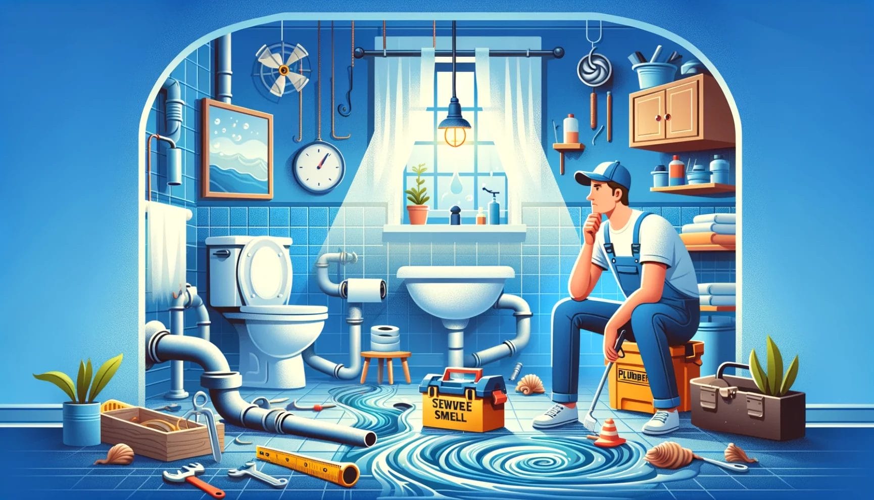 An illustration of a plumber in a bathroom.