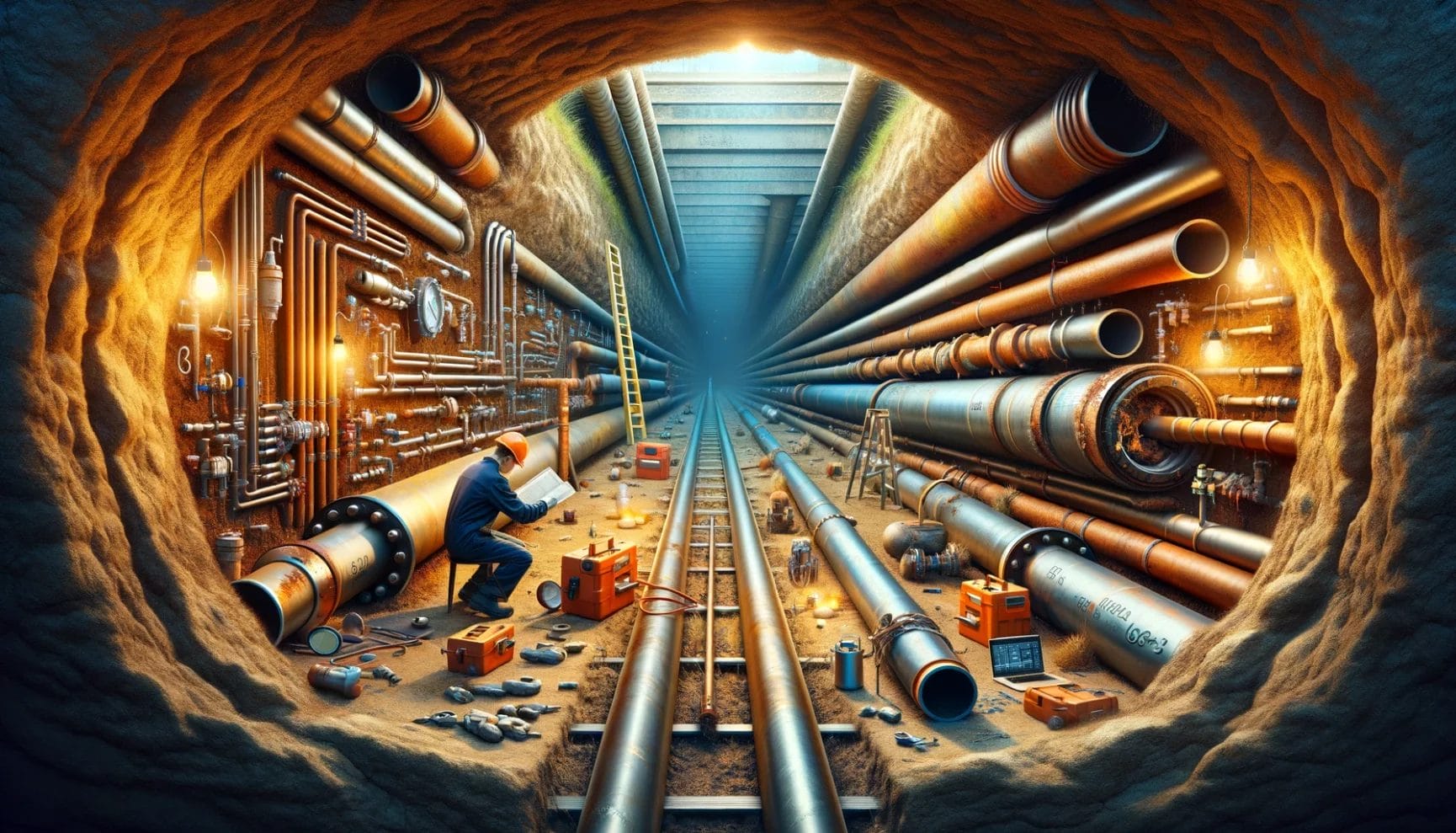 A man is working in a tunnel with pipes.