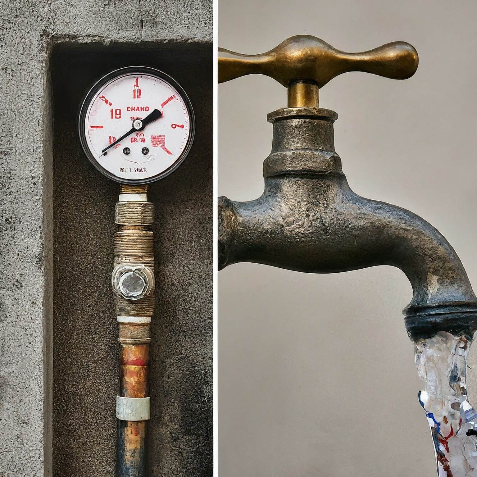 Two pictures of a water tap and a water pressure gauge.