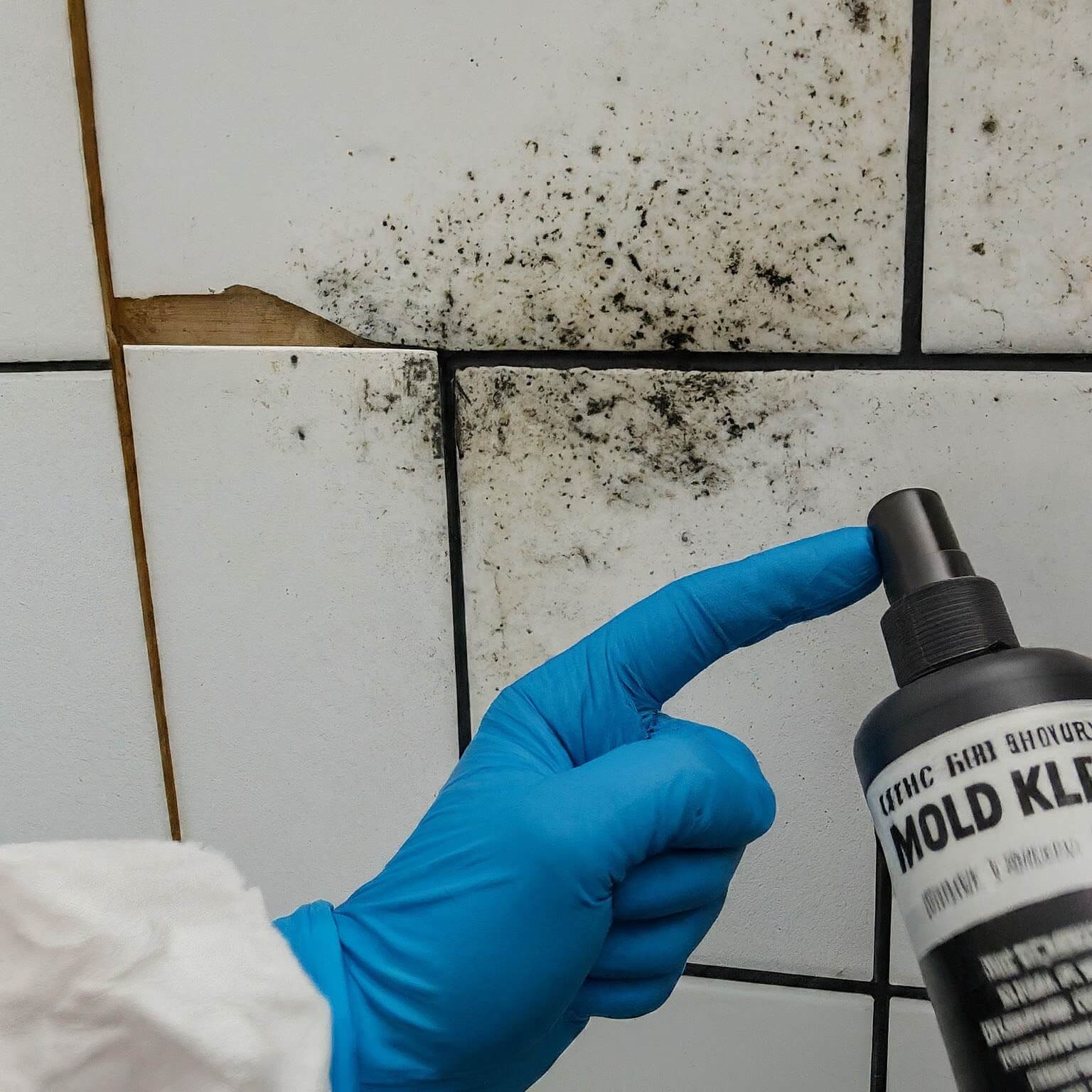 A person is holding a bottle of mold killer on a tiled floor.