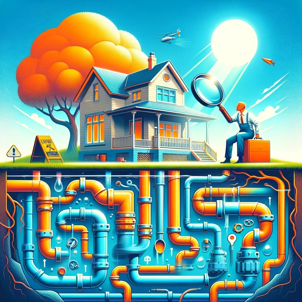 An illustration of a man looking at pipes and a house.