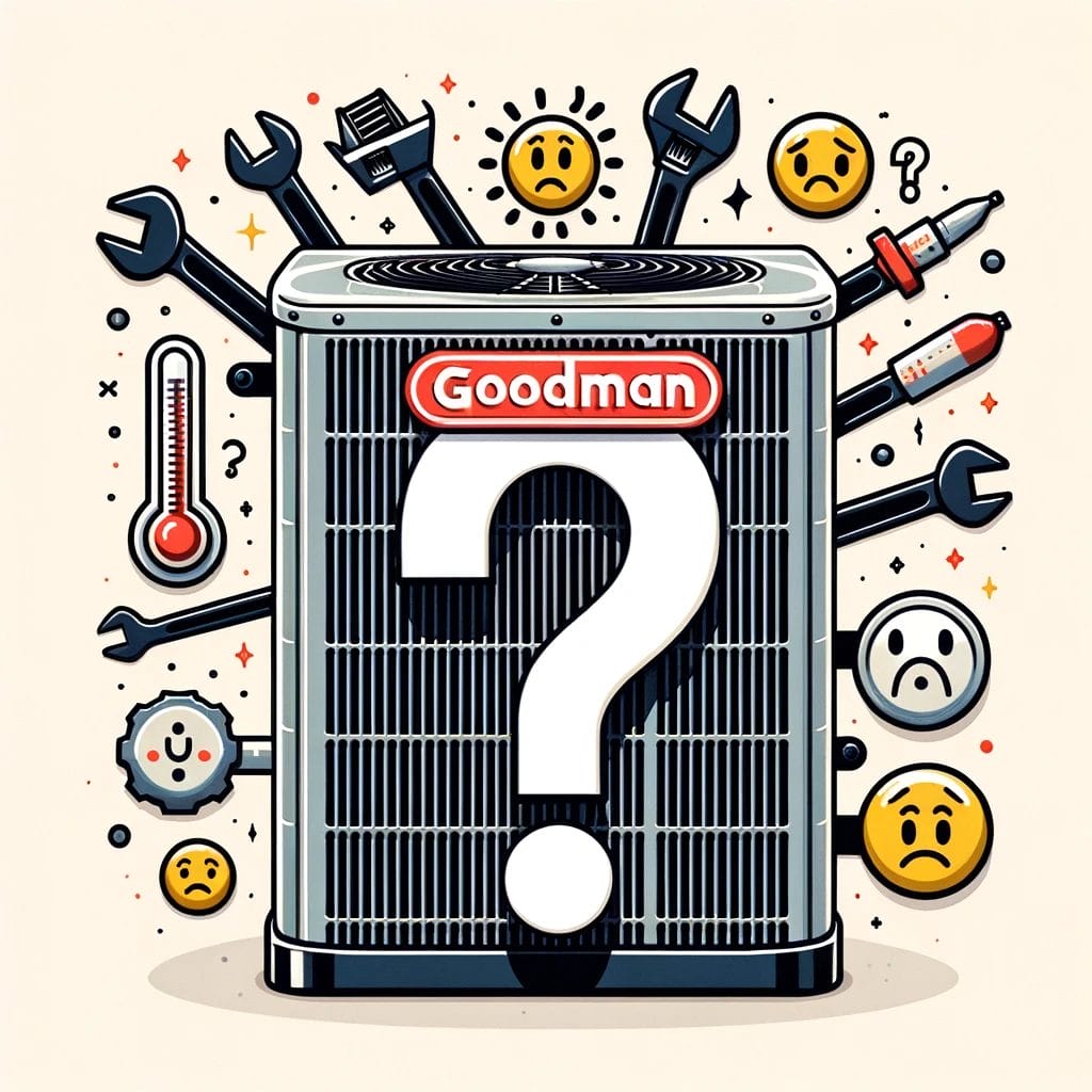 An illustration of a goodman air conditioner with question marks around it.