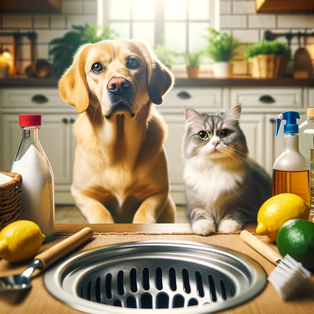A dog and cat in a kitchen.