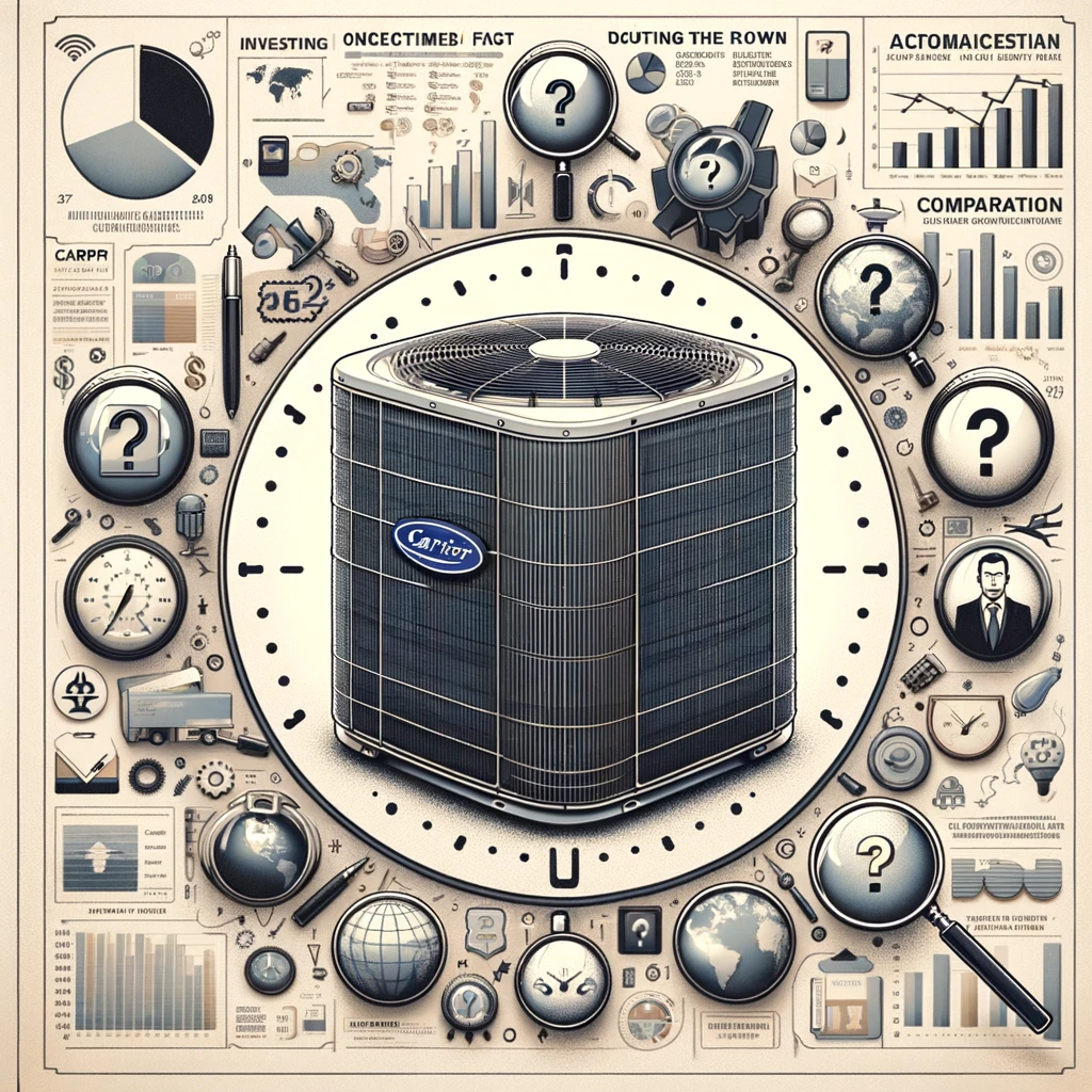 An illustration of a carrier air conditioner surrounded by various icons.