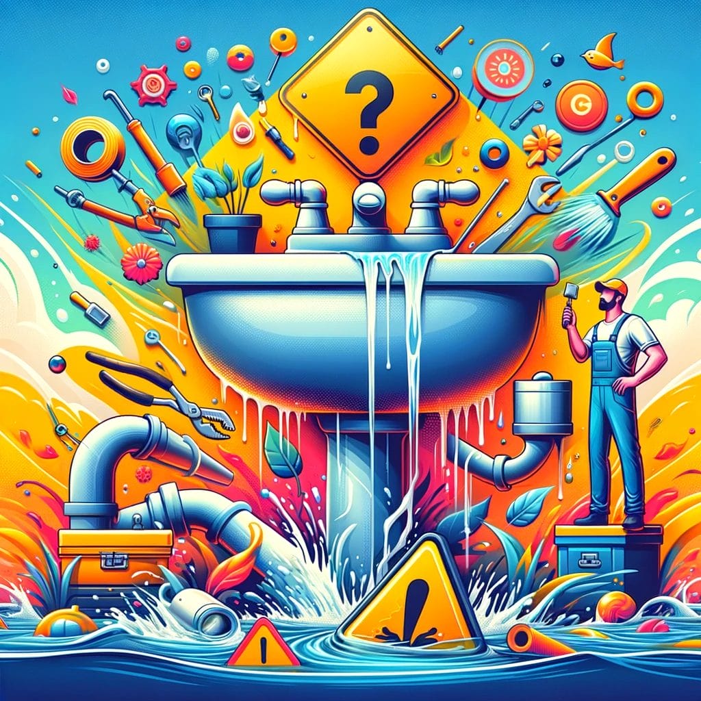 A colorful illustration of a sink with a plumber standing in front of it.