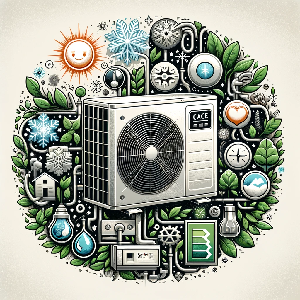 An illustration of an air conditioner surrounded by plants and other objects.
