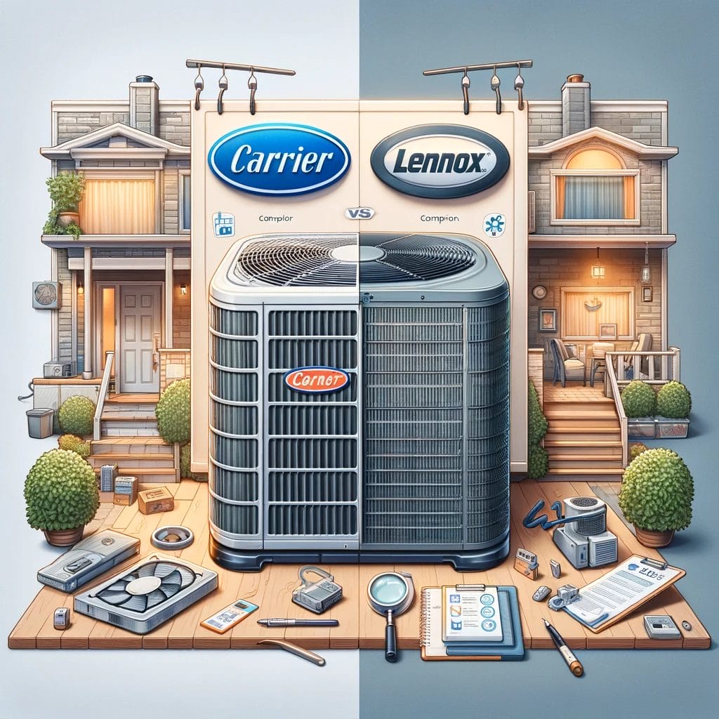 An illustration of a house with a carrier and lennox air conditioner.