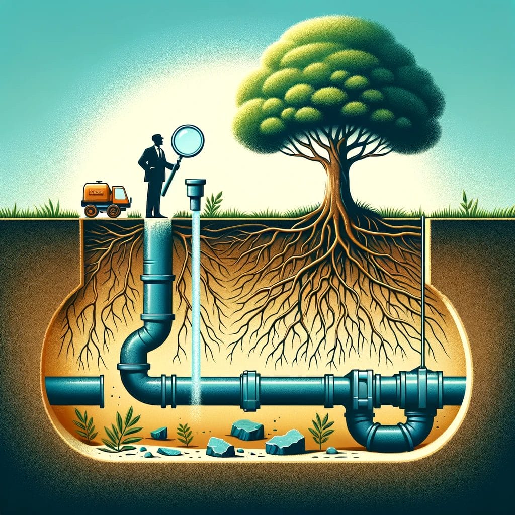 A man standing in a hole with a magnifying glass and a tree.