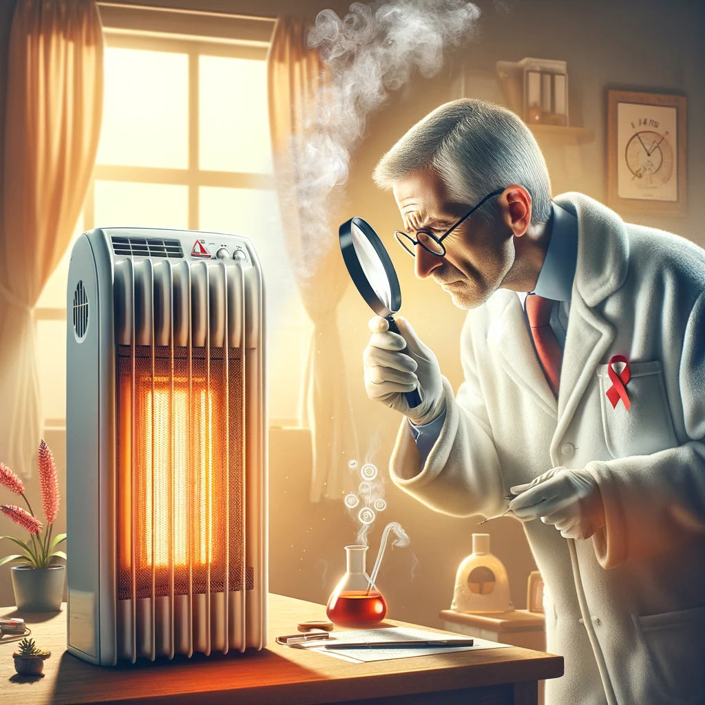 A scientist looking at a heater with a magnifying glass.