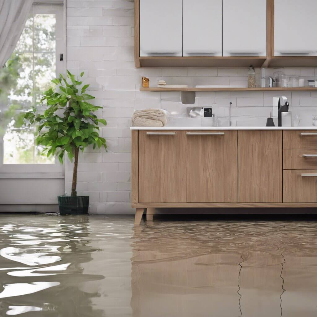 A kitchen is flooded with water in it.
