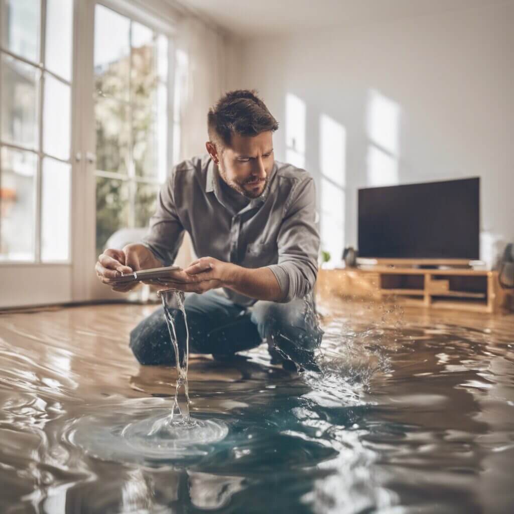 A man sitting on the floor of a flooded home.