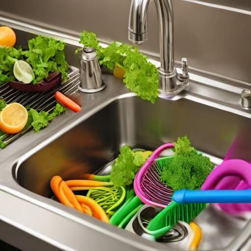 Colorful kitchen utensils in a sink.