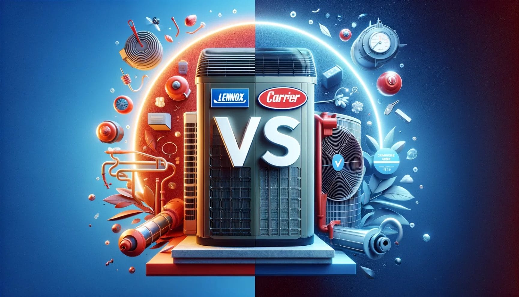 Comparison of lennox and carrier air conditioning units with symbolic elements and a "vs" for versus in the center, suggesting a comparison or competition between the two brands.