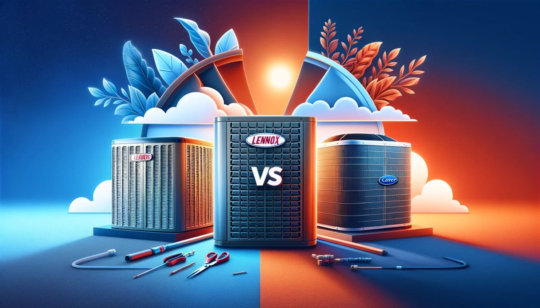 Stylized illustration of a comparison between lennox and carrier air conditioning units with tools in the foreground against a sunset backdrop.