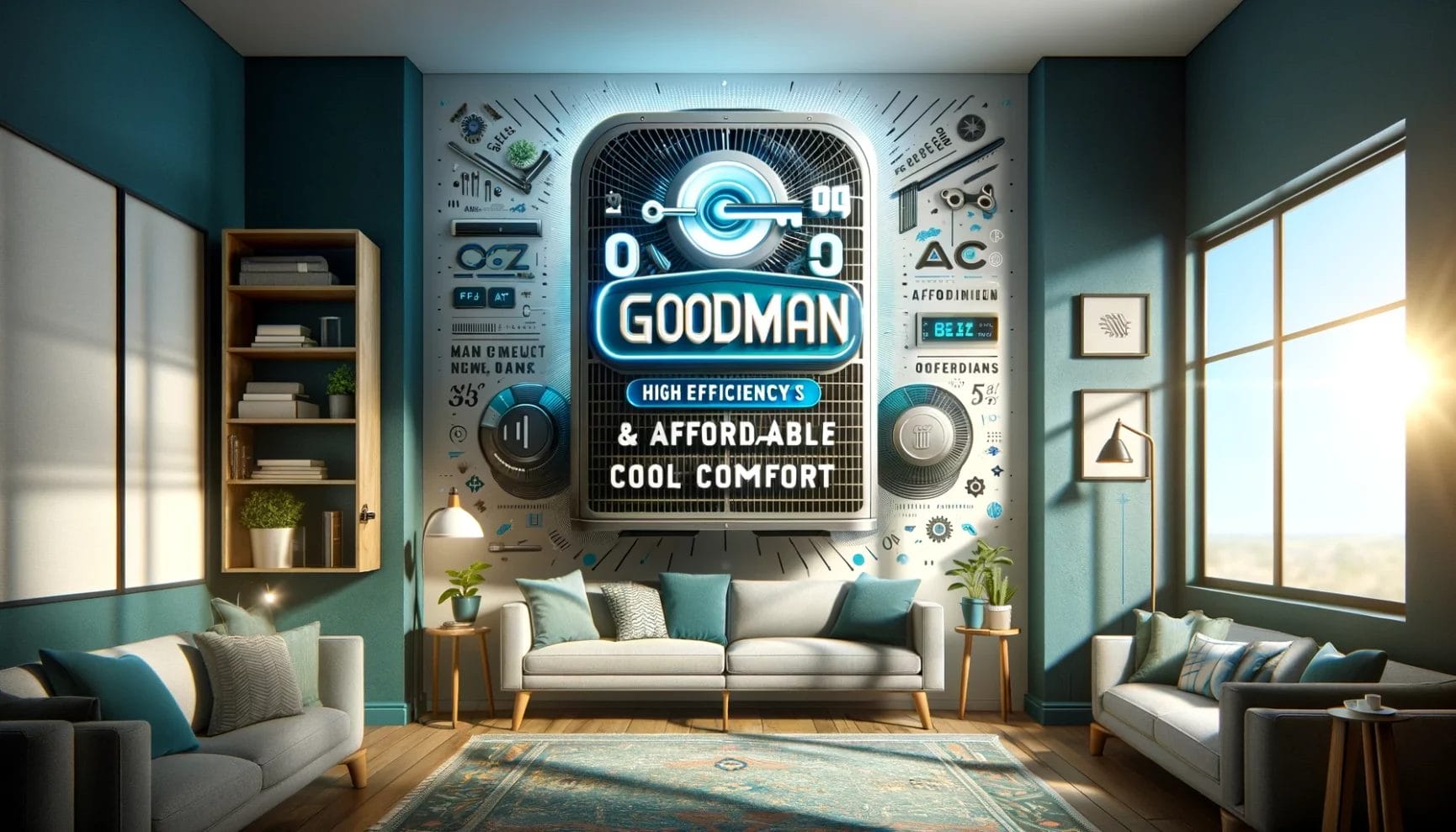 A stylized advertisement for goodman air conditioning floats in a cozy, sunlit living room with modern decor.
