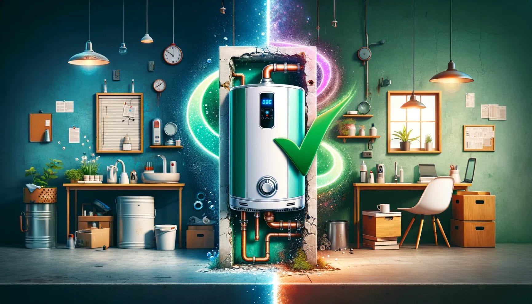A whimsical illustration of a modern water heater transforming into a portal to a cosmic landscape in a creative office space.
