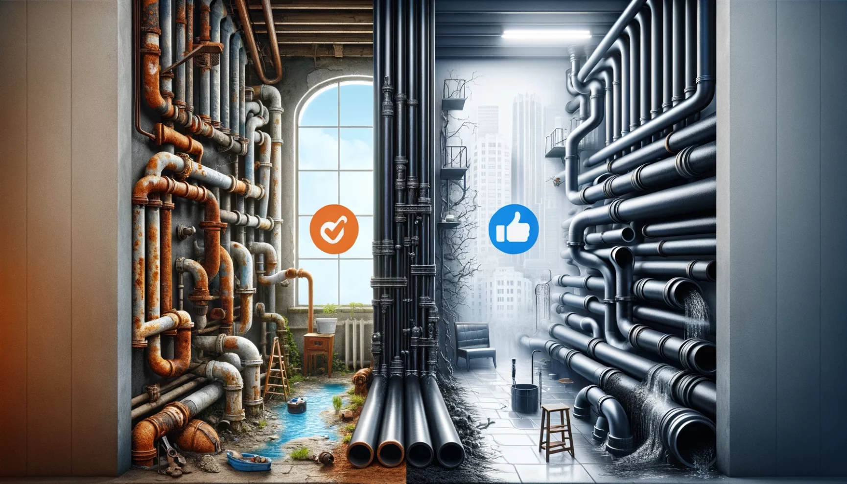 A surreal room divided into two contrasting sections, one cluttered with rusty, old pipes and the other with sleek, modern piping, featuring symbolic 'like' and 'approve' icons.
