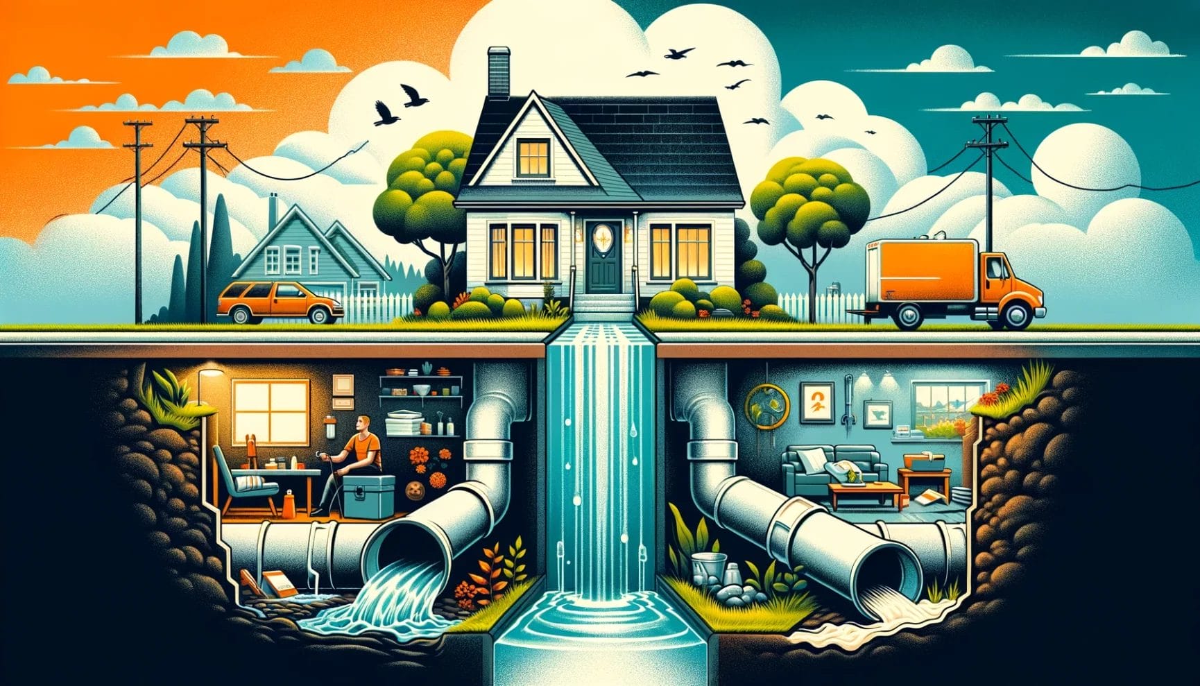 Cross-section illustration depicting suburban life above ground and the unseen infrastructure and personal activities below the surface.