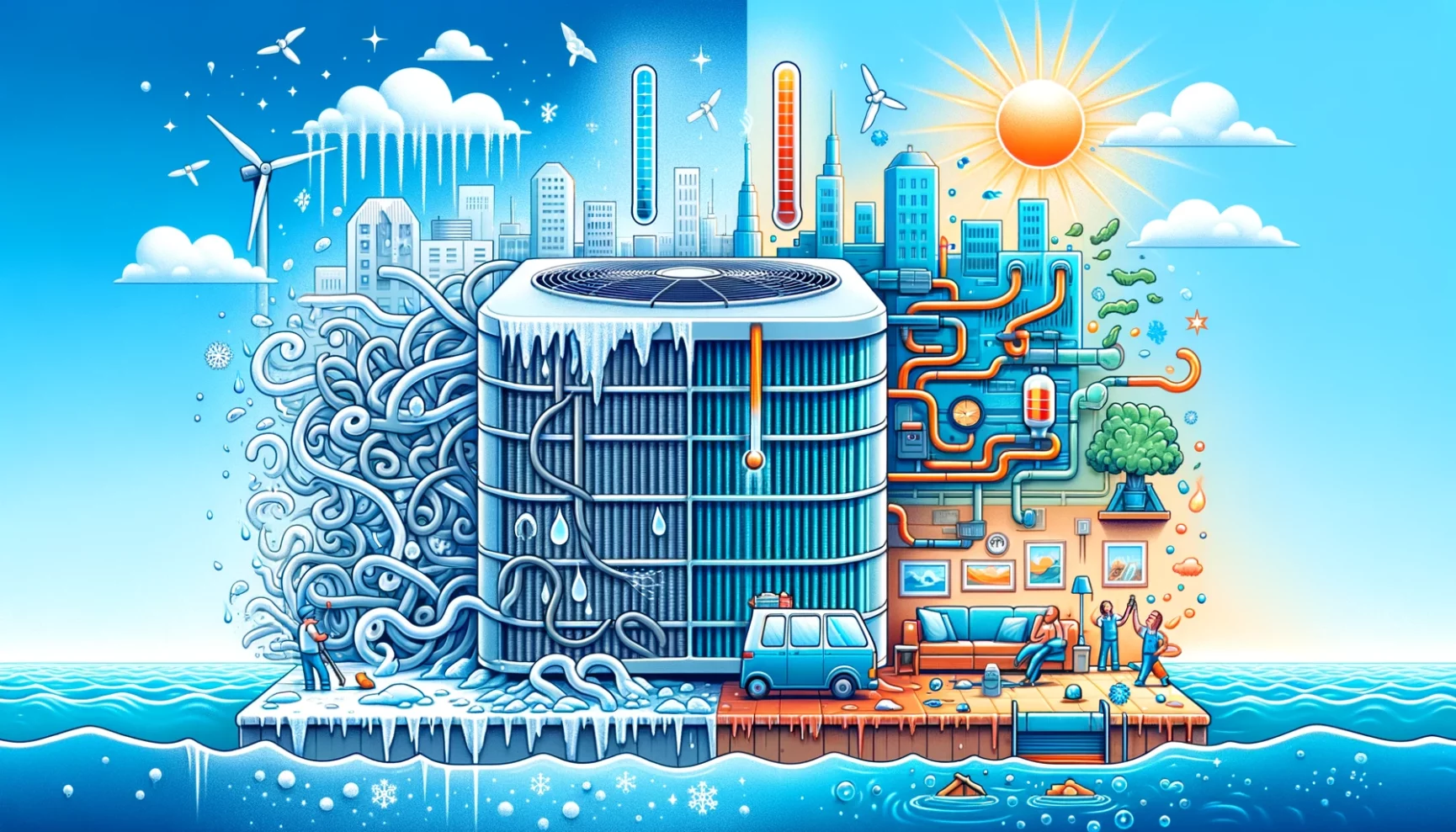 An illustrated conceptualization of sustainable energy and eco-friendly urban living with a focus on renewable resources and green technologies.