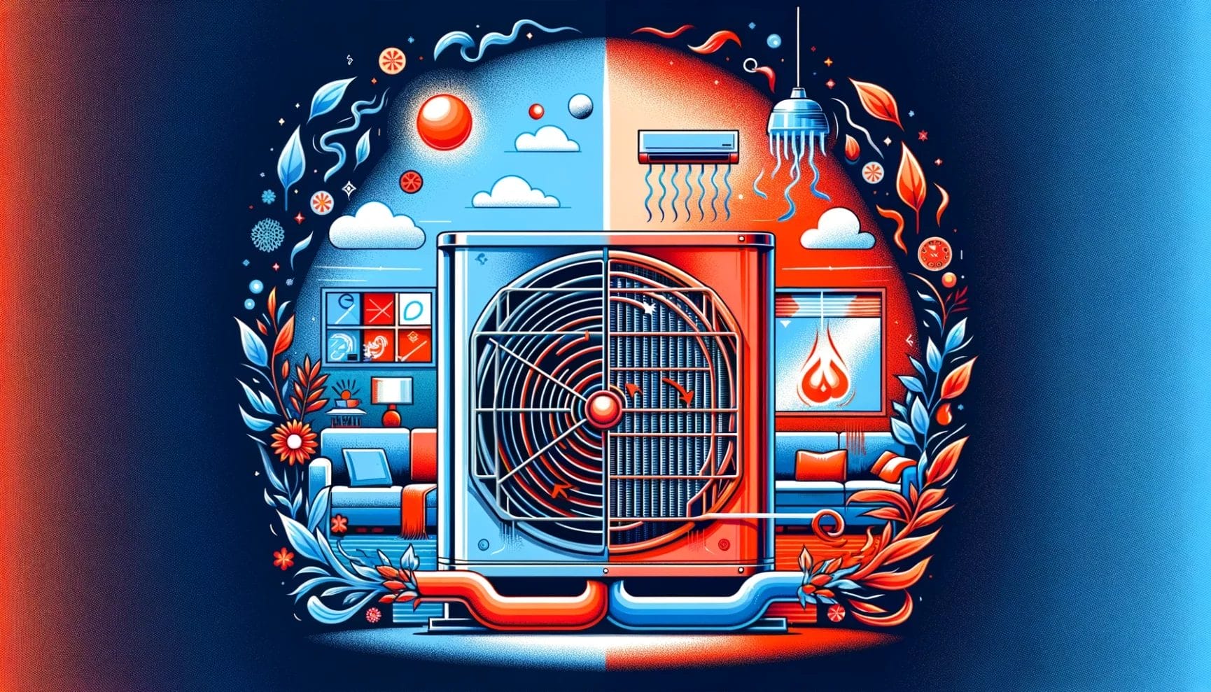Illustration of an air conditioning unit with various elements representing comfort, temperature control, and environmental interaction.