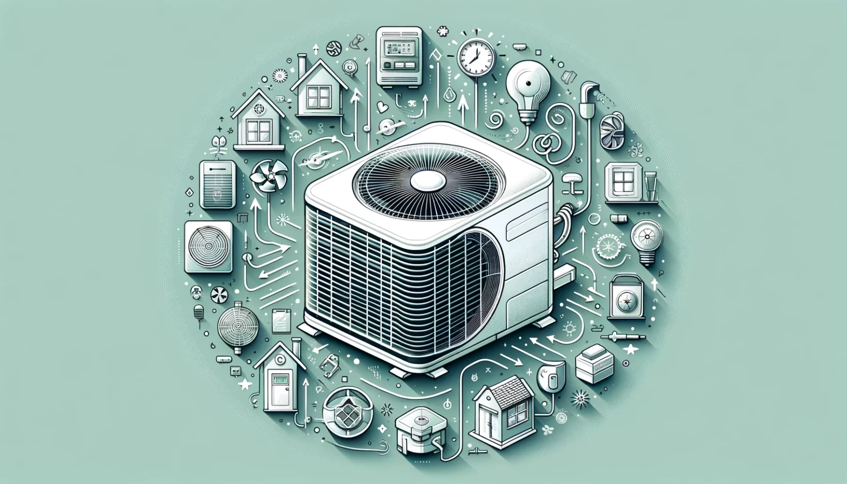 Central air conditioning unit surrounded by various hvac related icons and household elements against a teal background.
