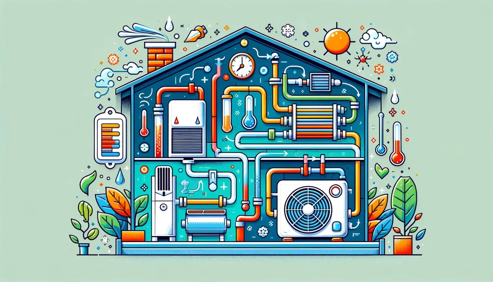 Illustration of a stylized house with visible heating, ventilation, and air conditioning systems, showcasing energy efficiency and home mechanics.