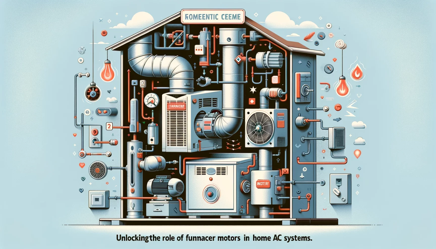 Exploded view illustration of a home air conditioning system, detailing its internal components and mechanics.
