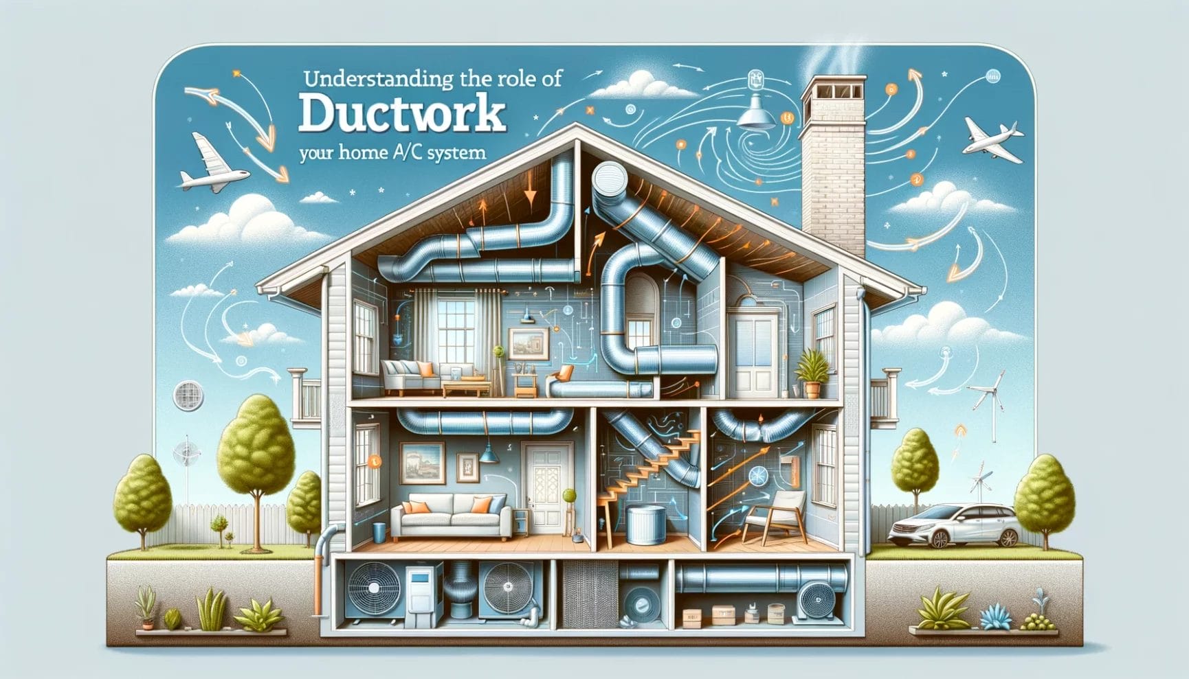 Cross-sectional illustration of a home showcasing the ductwork system of a residential air conditioning system.