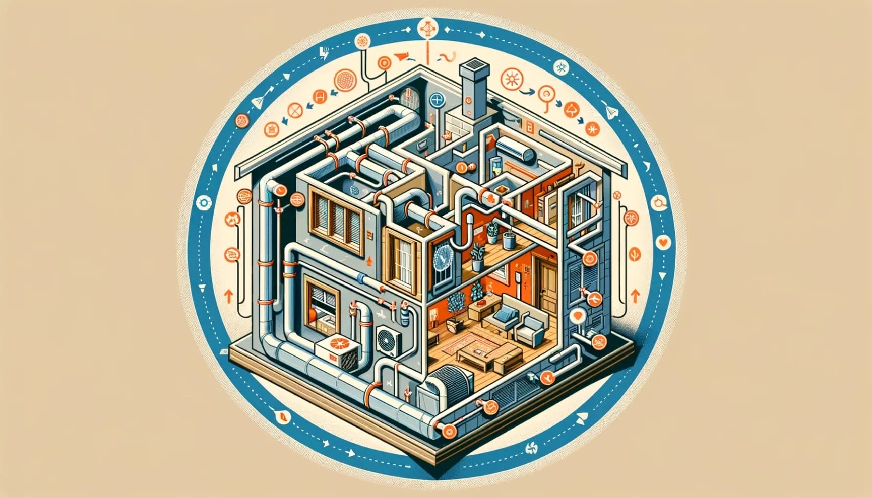 Isometric illustration of a stylized, cutaway view of a multi-level home, showcasing various rooms and plumbing systems within a circular border.