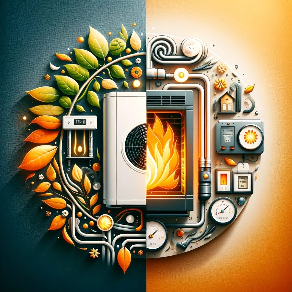 Illustration of the letter 'd' with a dual theme showing nature and technology elements in a symmetrical design.