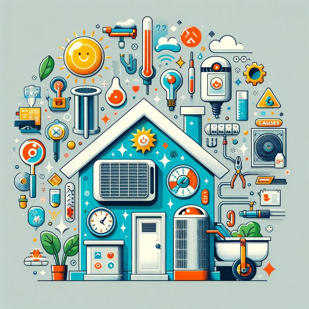 Graphic illustration of a smart home concept with various energy-efficient and technology symbols.