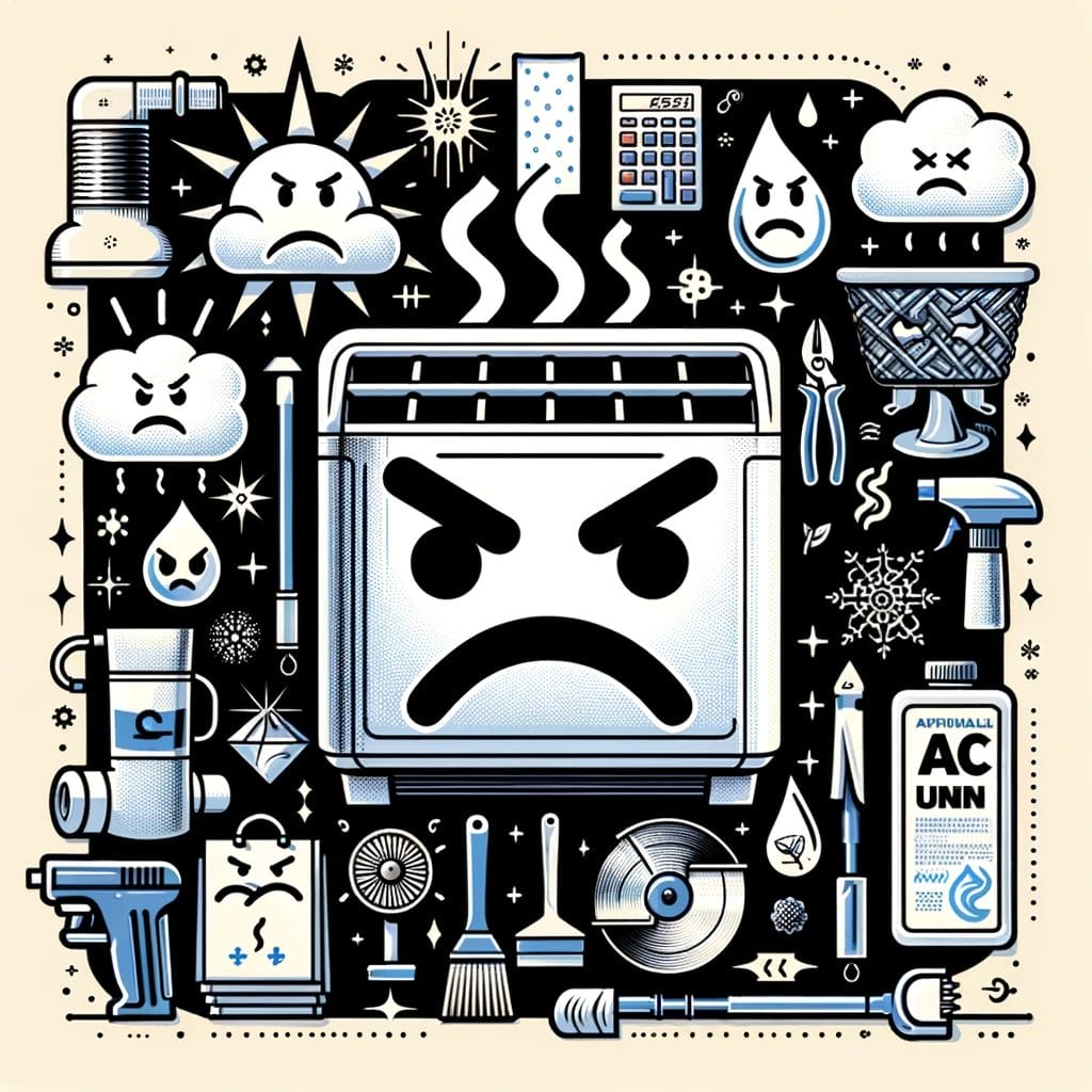 Monochromatic illustration featuring various objects and a central angry toaster with expressive faces on several items.